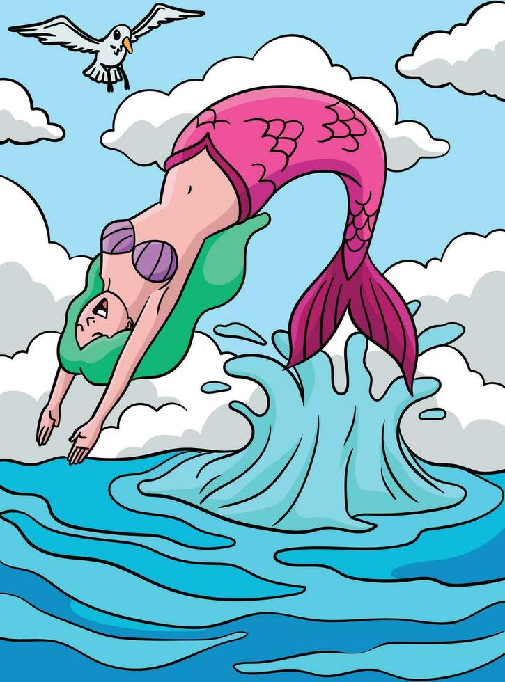 Mermaid Backflip Colored Cartoon Illustration vector