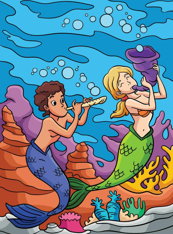 Mermaid Playing Flute Colored Cartoon Illustration vector