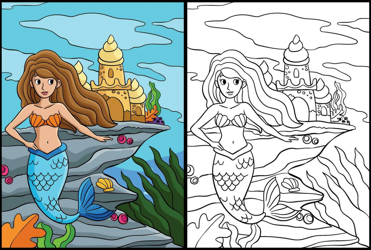 Beautiful Mermaid Coloring Page Illustration vector