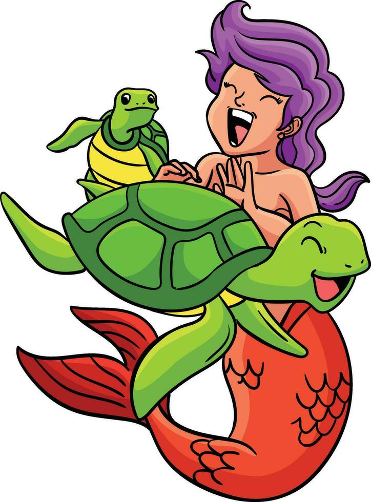 Mermaid Playing with a Turtle Cartoon Clipart vector