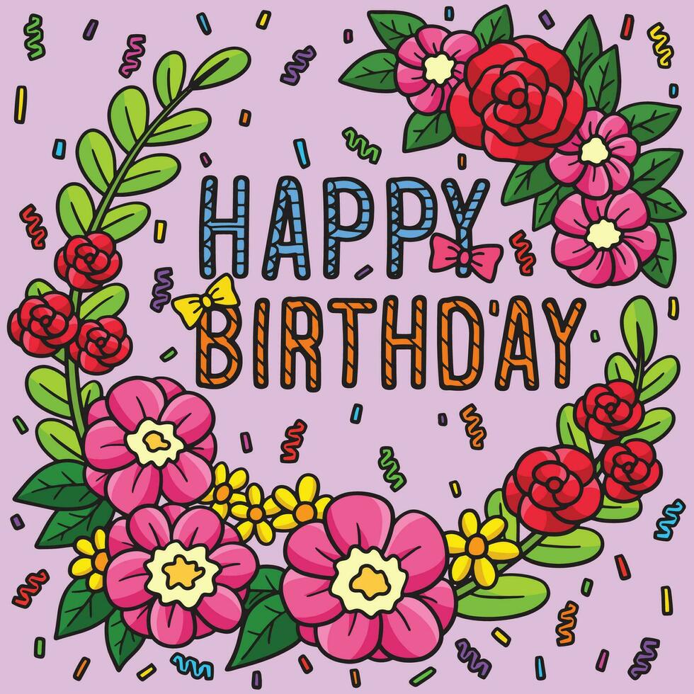 Happy Birthday with Flower Wreath Colored Cartoon vector