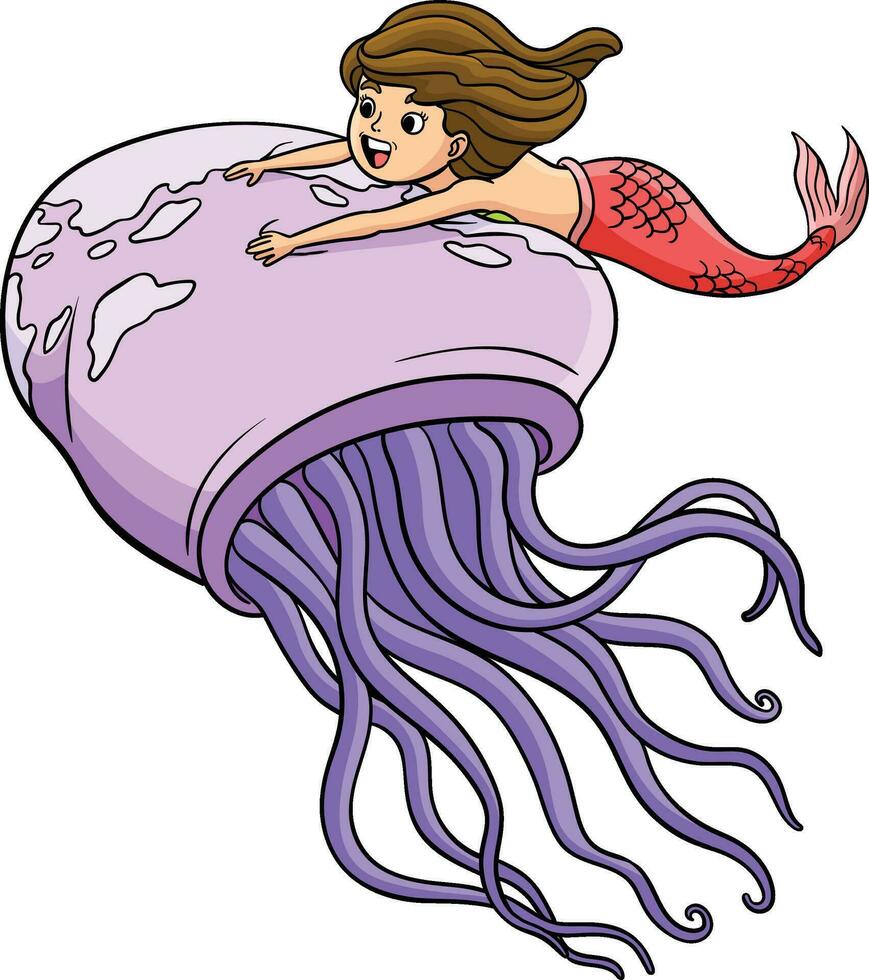 Mermaid Riding in Giant Jellyfish Cartoon Clipart vector