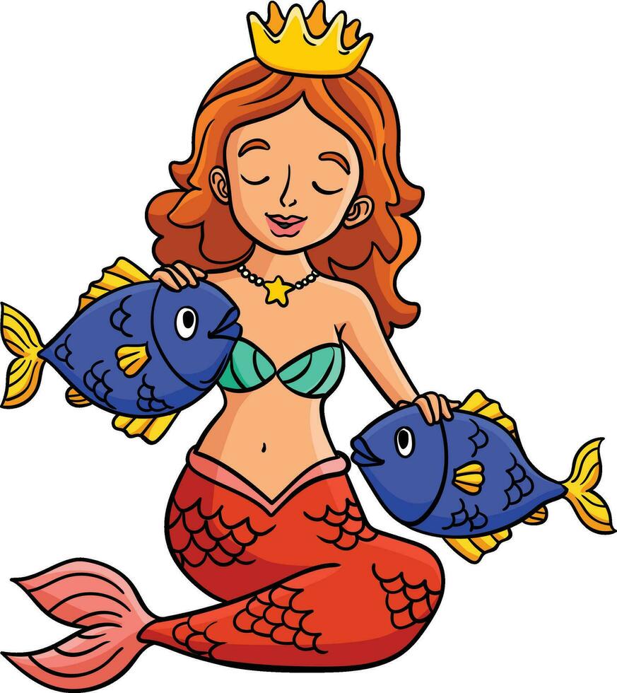 Princess Mermaid and Fish Cartoon Colored Clipart vector
