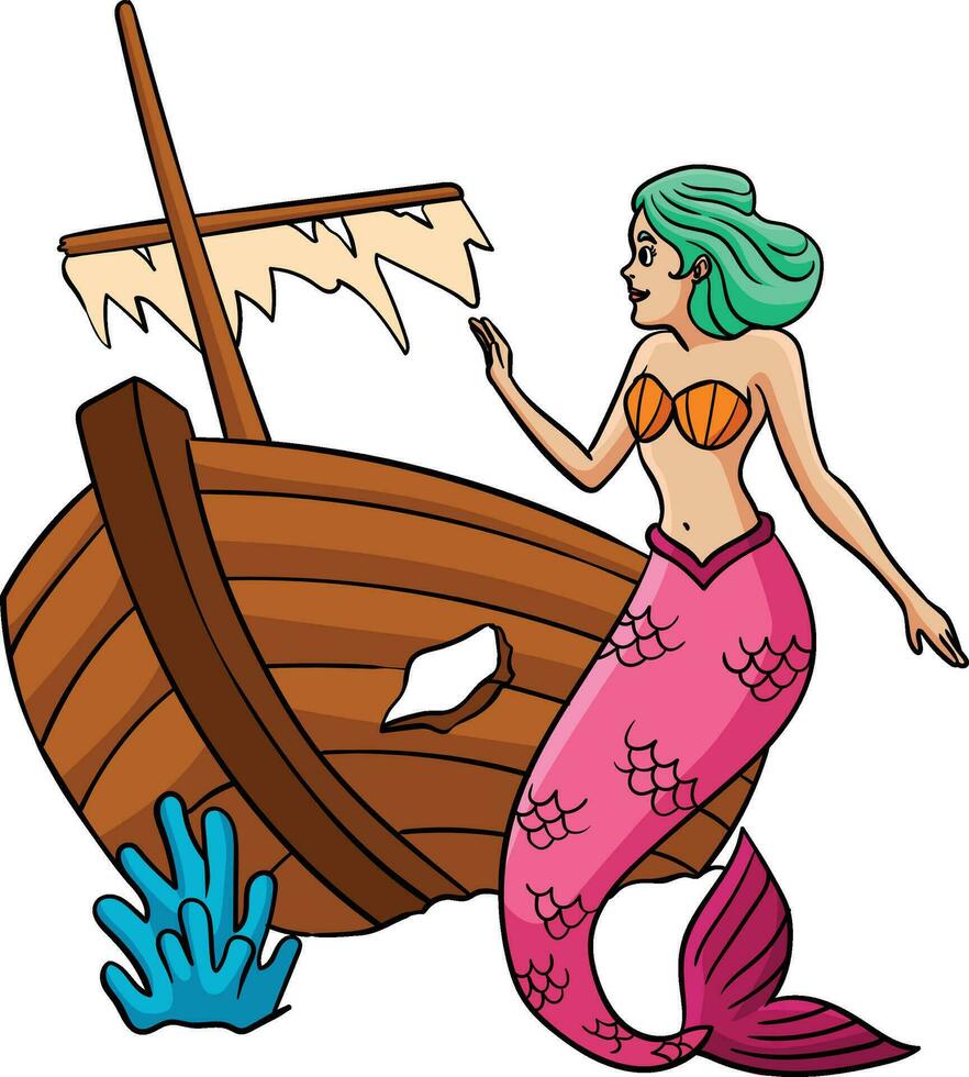 Mermaid and a Shipwreck Cartoon Colored Clipart vector