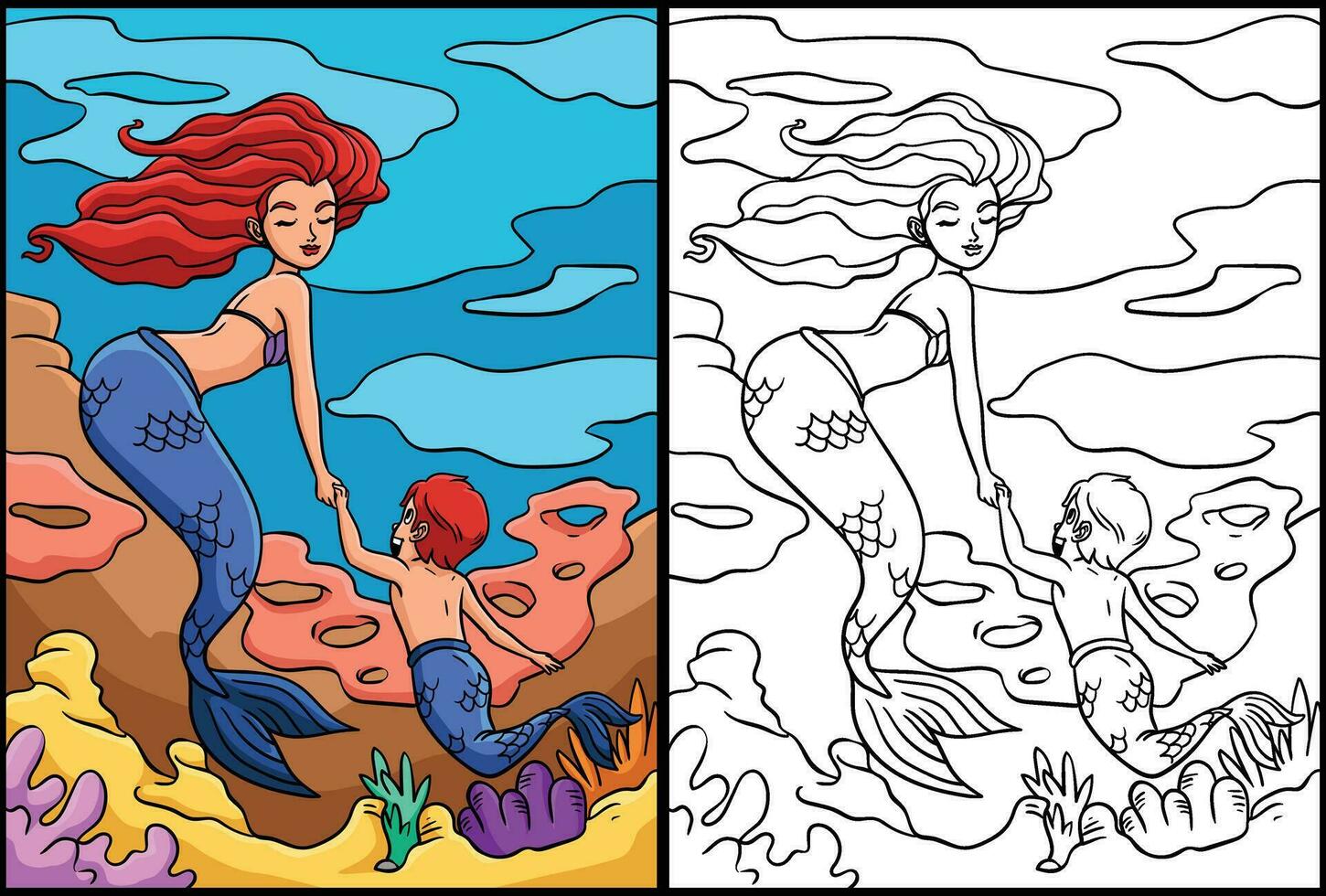 Mermaid and Young Merman Coloring Illustration vector