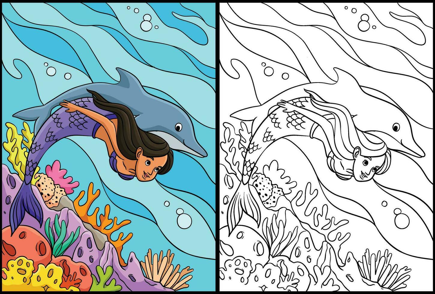 Mermaid and Dolphin Coloring Page Illustration vector