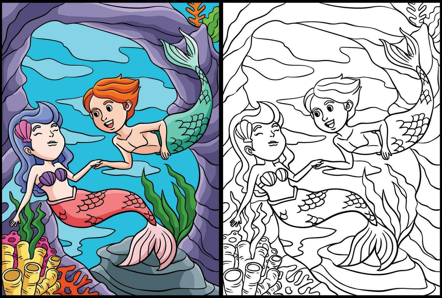 sirena y un tritón colorante página ilustración vector