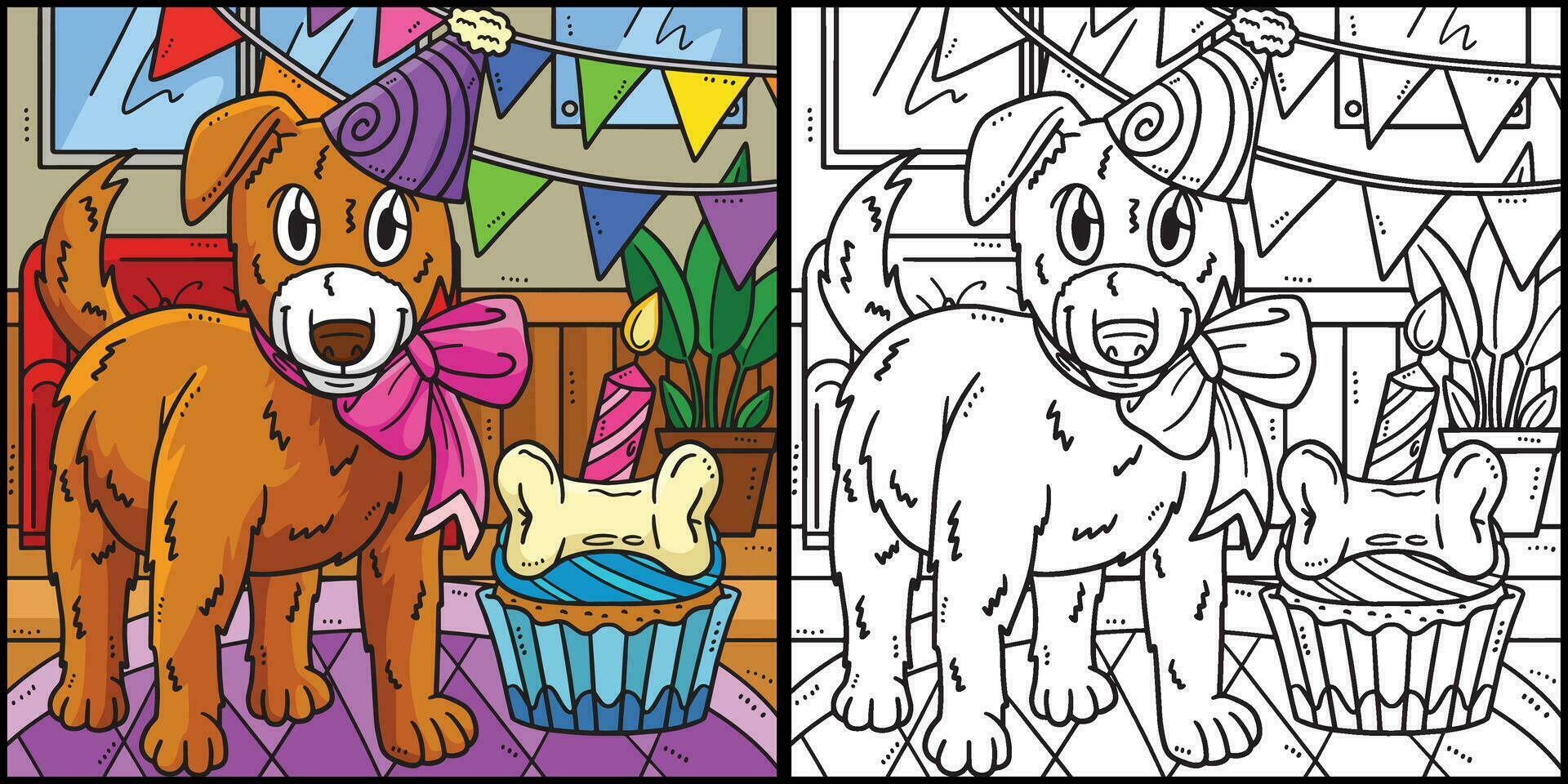 Birthday Dog with Party Hat Coloring Illustration vector