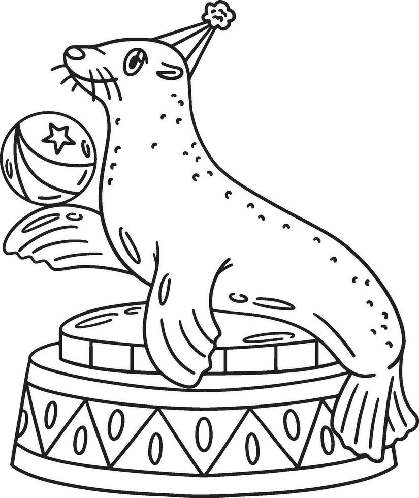 Circus Sea Lion and Ball Isolated Coloring Page vector