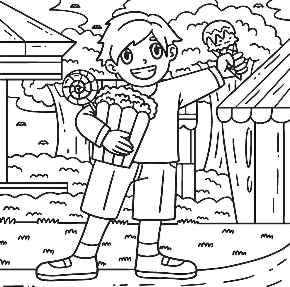 Child with Circus Treats Coloring Page for Kids vector