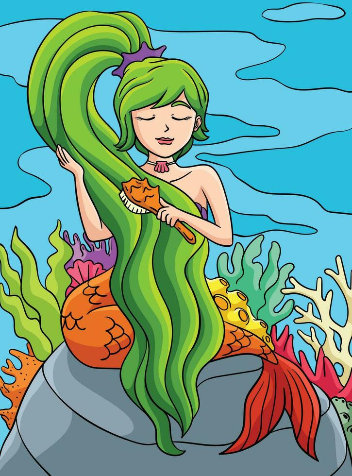 Mermaid Brushing Hair Colored Cartoon Illustration vector