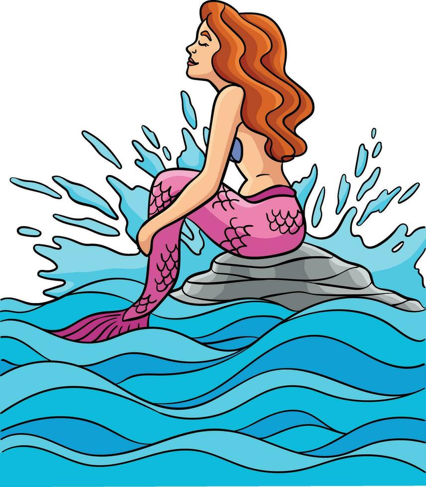 Mermaid Sitting on the Rock Cartoon Clipart vector