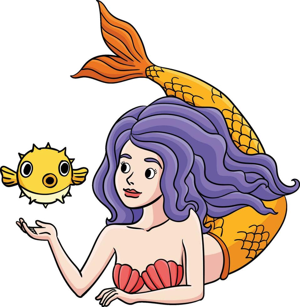 Mermaid and Pufferfish Cartoon Colored Clipart vector