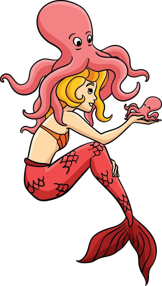 sirena con un pulpo dibujos animados de colores clipart vector