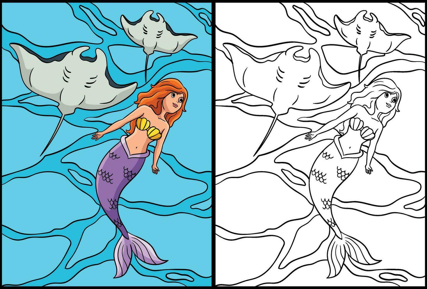 sirena con manta rayo colorante página ilustración vector