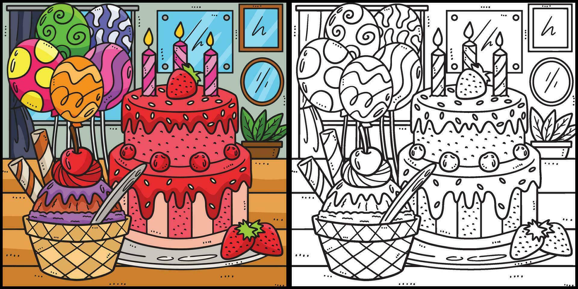 Birthday Cake with Ice Cream Coloring Illustration vector