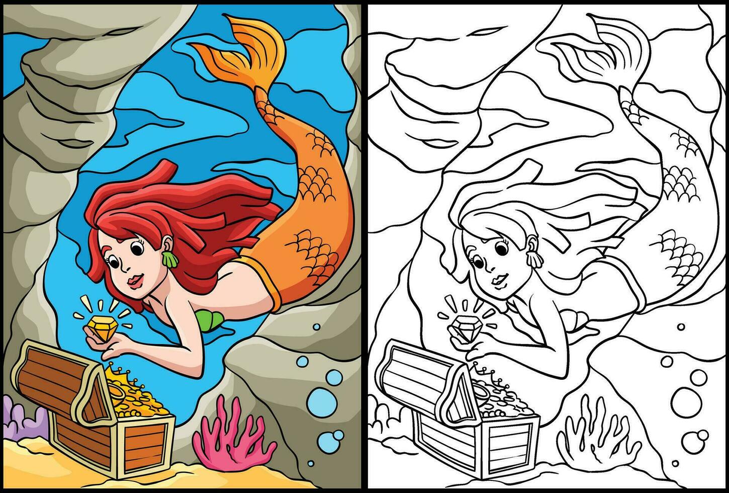 Mermaid with a Treasure Box Coloring Illustration vector