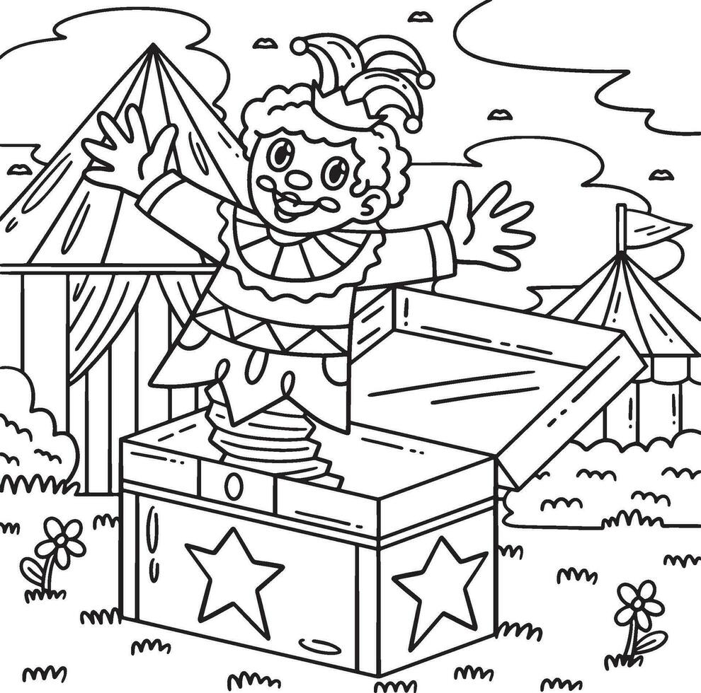 circo payaso en un caja colorante página para niños vector