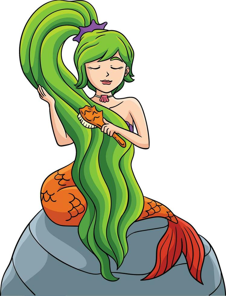 Mermaid Brushing Hair Cartoon Colored Clipart vector