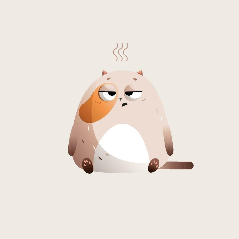 Beige Cartoon Fat Cat Overheated In The Sun. Vector clipart.