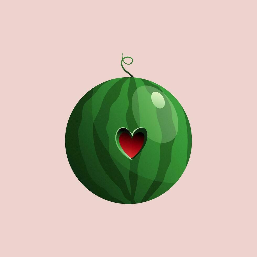 Red juicy Round Watermelon with a Heart. vector