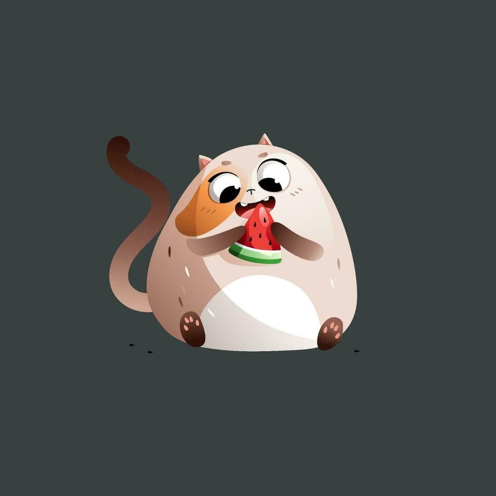 Beige Cartoon Fat Cat Eats Juicy Red Watermelon vector