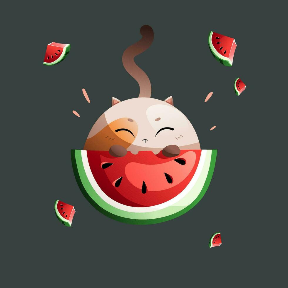 Beige Cartoon Fat Cat Eats Juicy Red Watermelon vector