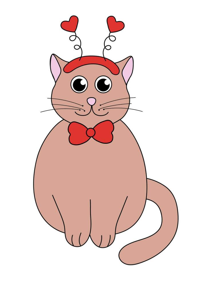 Cartoon Valentine day Cat character. Cute Kitten with Headband and tie bow. Vector flat illustration.