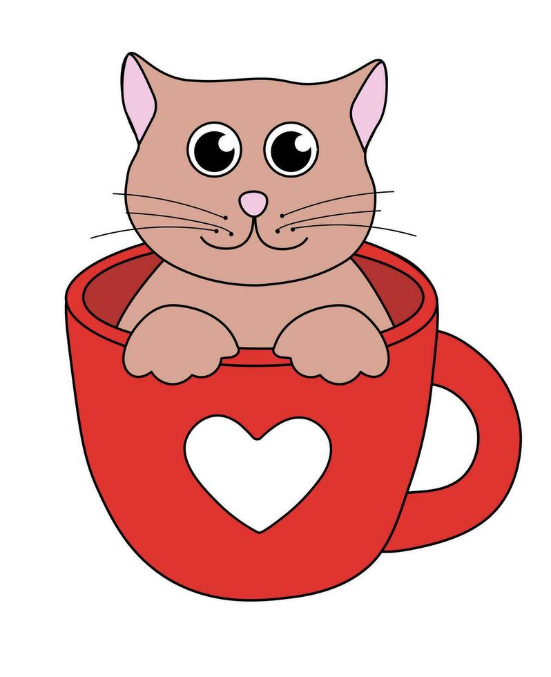 Cartoon Valentine day Cat character. Cute Kitten sit in cup. Vector flat illustration.