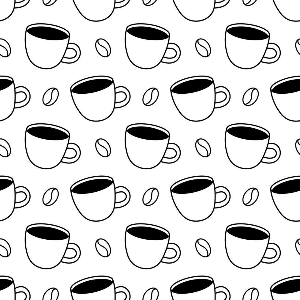 Coffee cup and coffee beans seamless pattern. Black doodle style. Vector drink background.