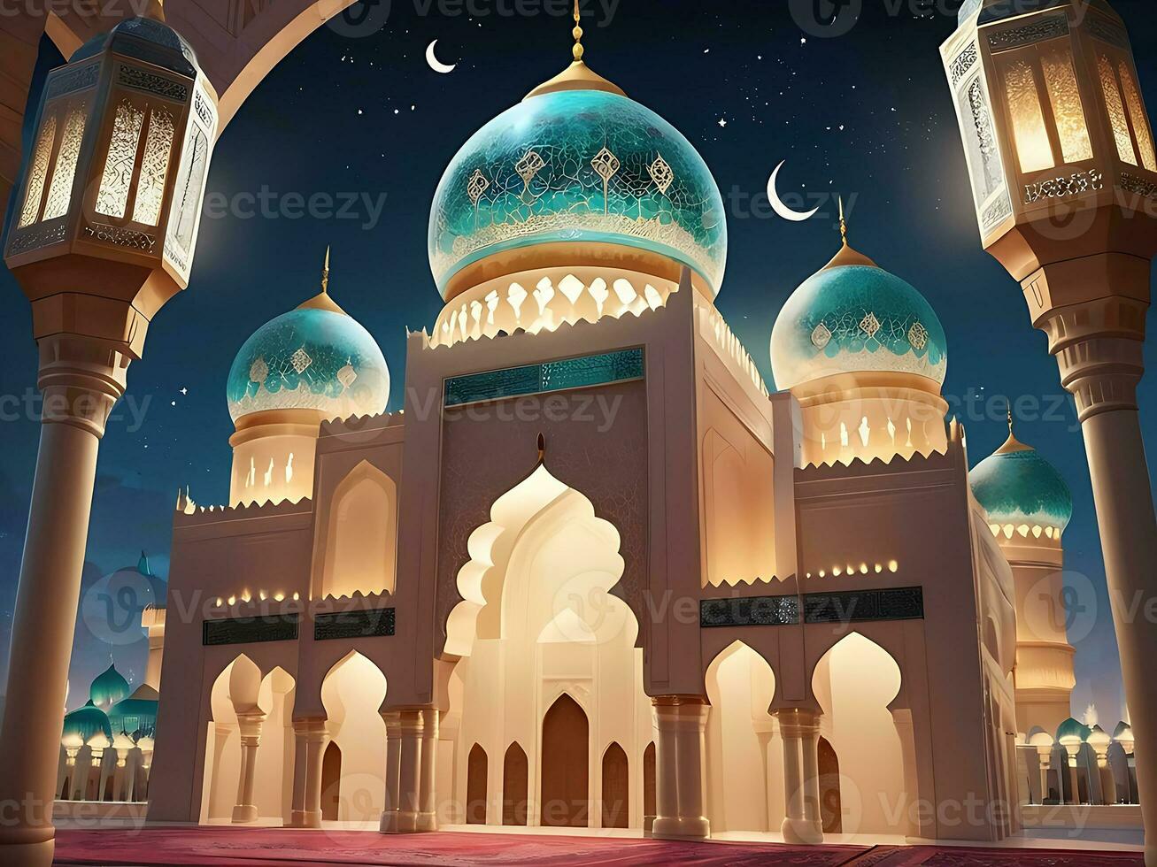 AI generated illustration of amazing architecture design of muslim mosque arabic lantern of ramadan celebration. photo