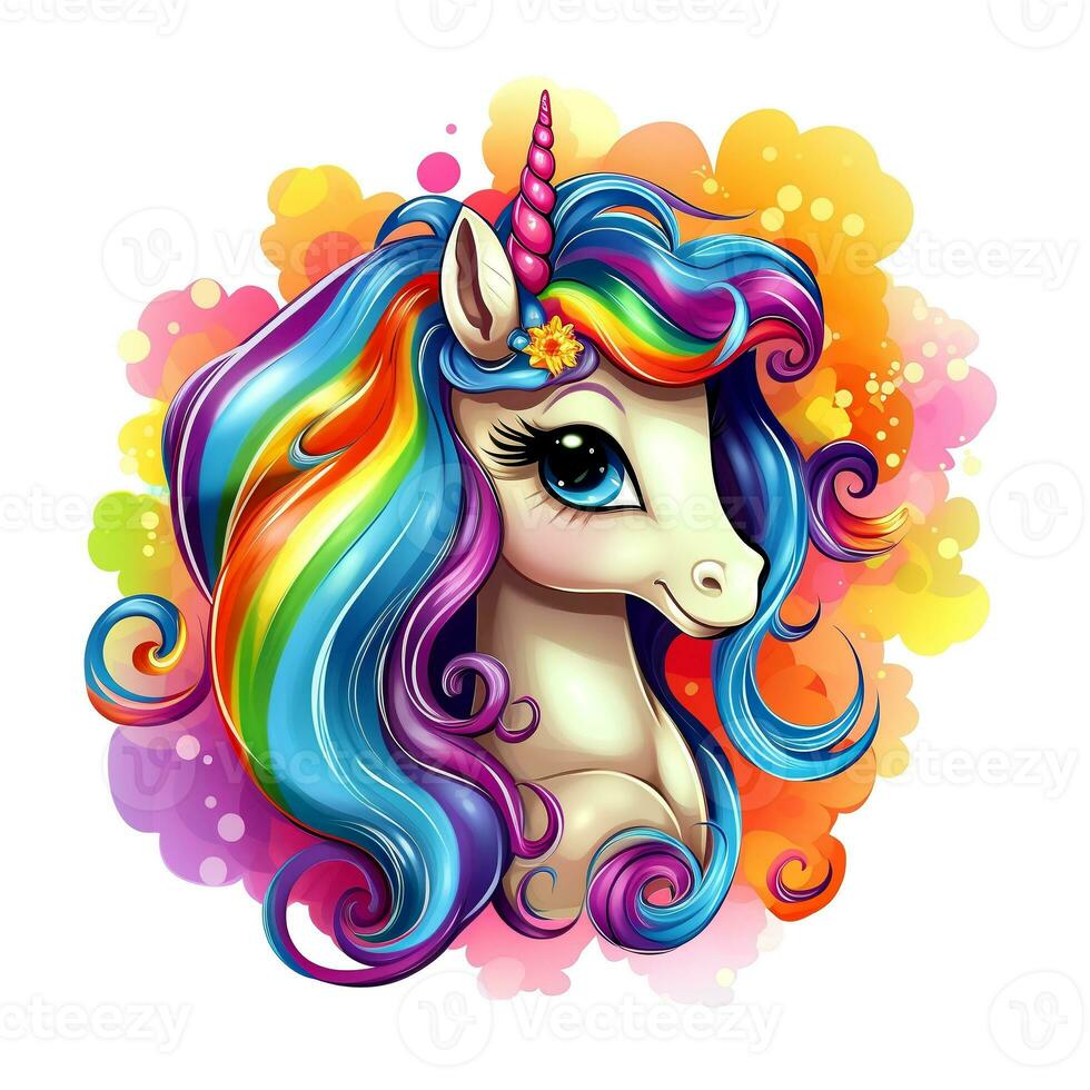 AI generated Cute rainbow unicorn. Sticker Clipart. AI generated. photo