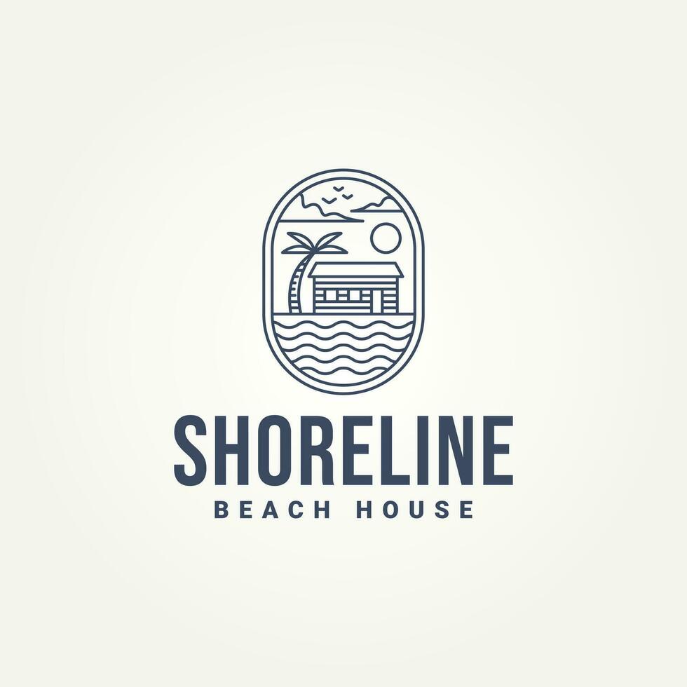 beach house minimalist line art emblem logo template vector illustration design. simple modern homestay, hotel, beach resort badge logo concept