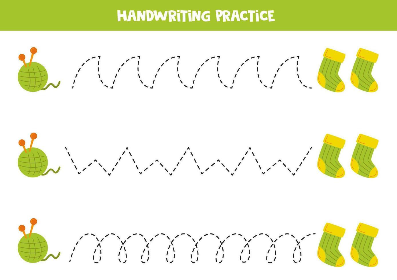 Tracing lines for kids. Cartoon green socks and ball of yarn. vector