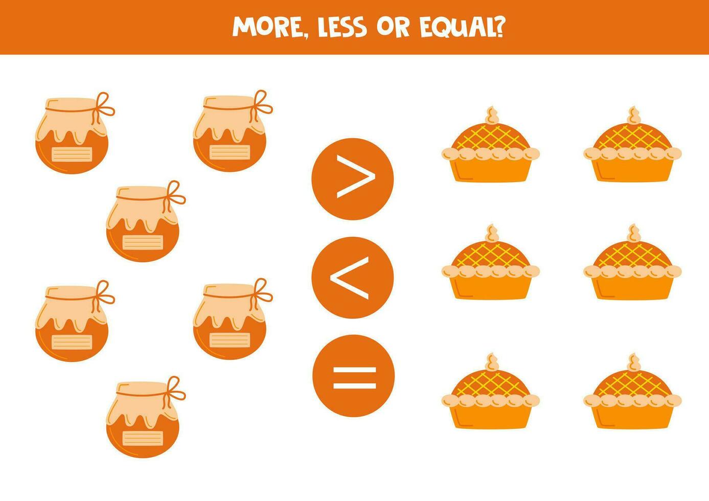 Grater, less or equal with cartoon apple jam jars and apple pies. vector