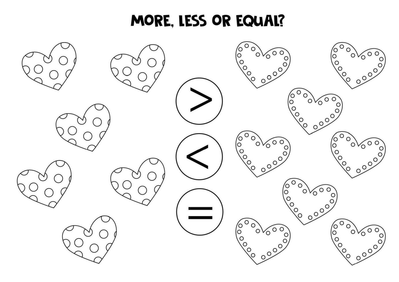 Grater, less or equal with cartoon black and white valentine day hearts. vector