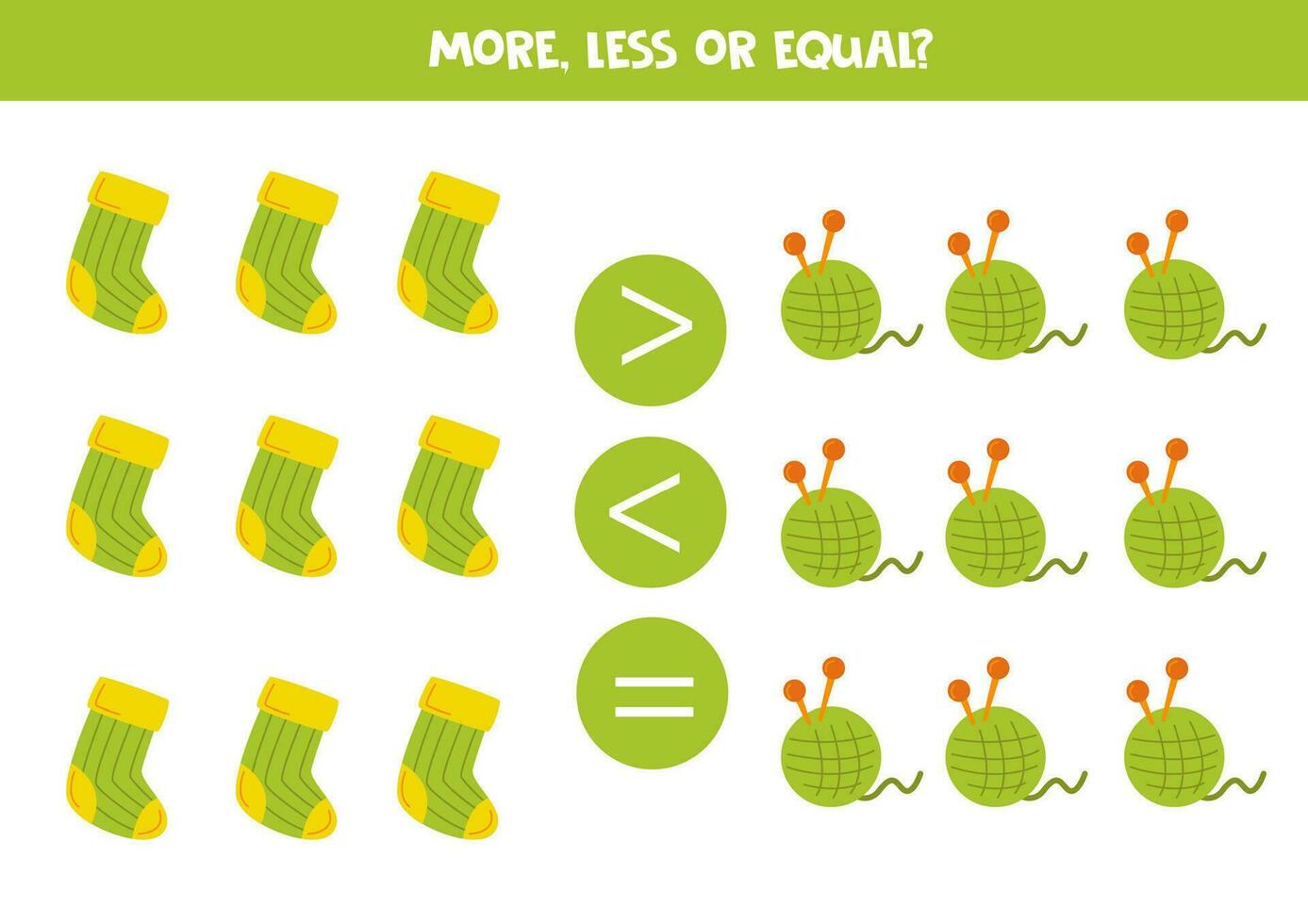 Grater, less or equal with cartoon green sock and ball of yarn. vector
