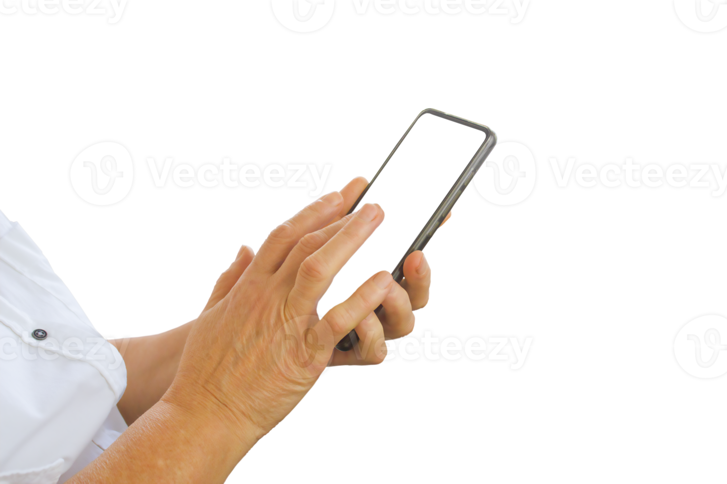 An old woman uses a phone isolated on a transparent background. The phone is in a woman's hands. png