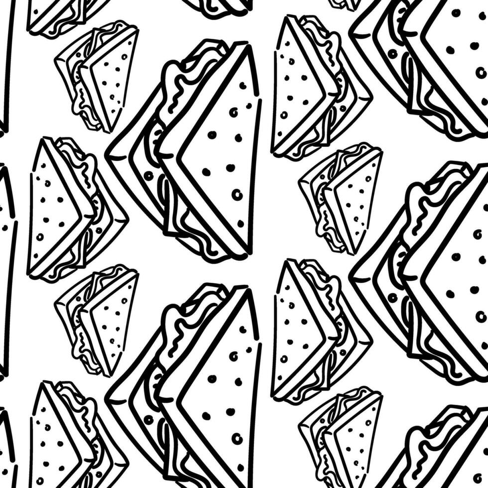 A set of vector seamless backgrounds with hand-drawn white linear sandwiches. Colored food design elements, ideal for any business related to the food industry. Printing on textiles and paper