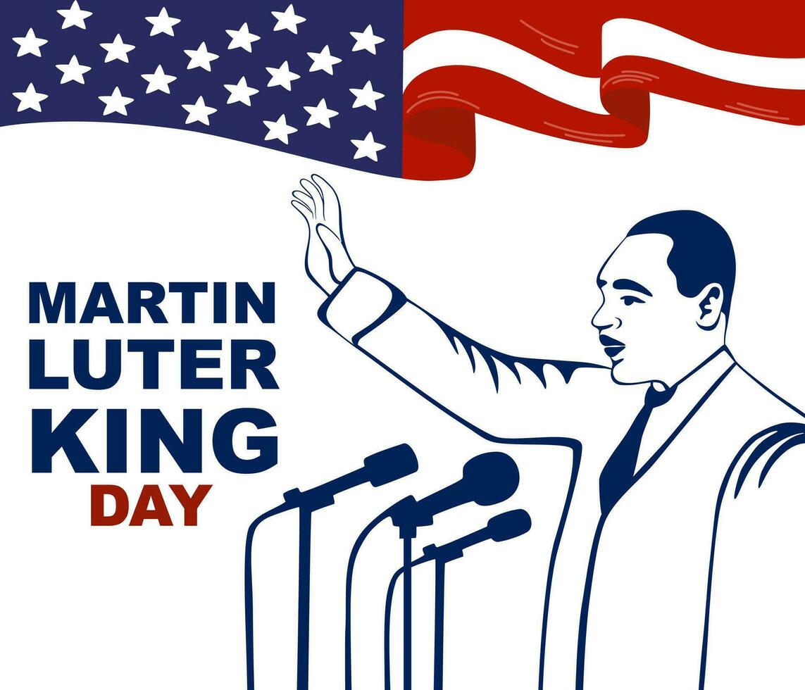 Martin Luther King Jr. Day on the background of black man and usa flag. Typography greeting card design. MLK Day vector background