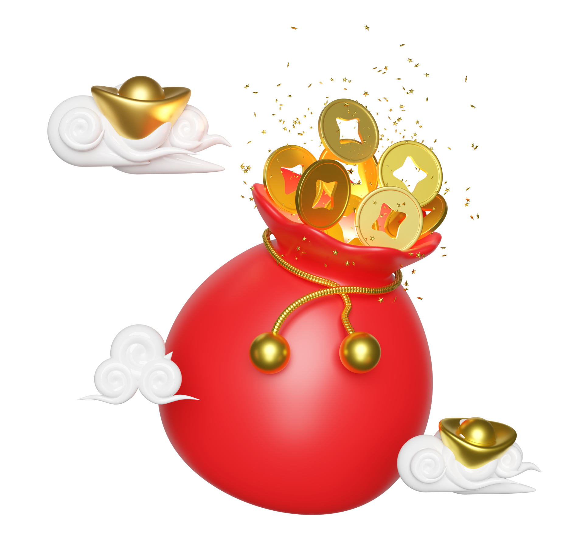 Chinese Gold Coins In Bag With Gold Ingot Cloud Chinese New Year 2024 3d-traditional-chinese-gold-coin-with-square-hole-asian-traditional