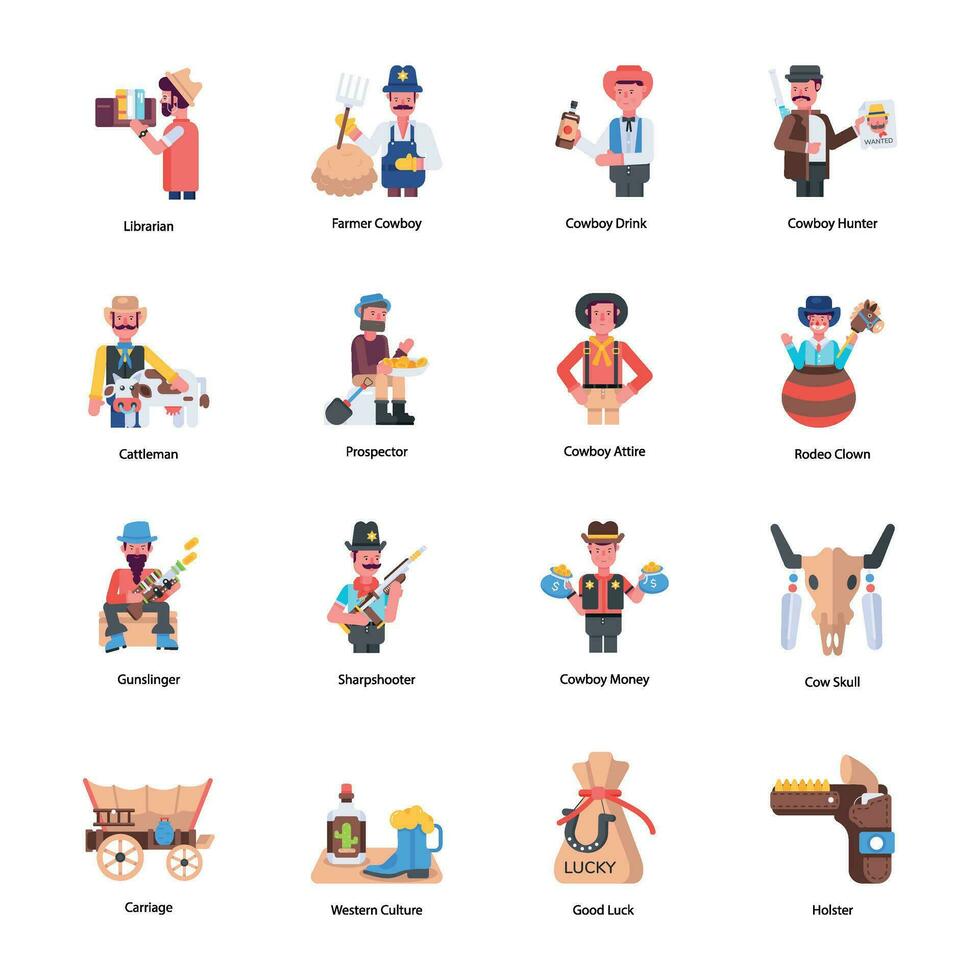 Bundle of Cowboy Culture Flat Icons vector