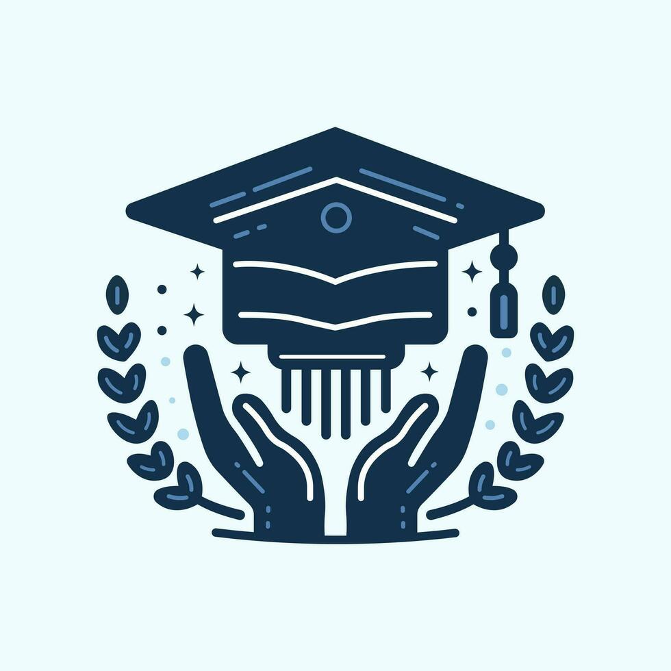 Graduation logo with laurel wreath, hands and Graduation cap elements. Isolated vector illustration.