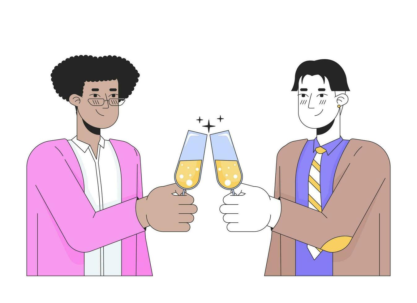 gay hombres Pareja tintinamente lentes 2d lineal dibujos animados caracteres. enamorado homosexual novios aislado línea vector personas blanco antecedentes. tostado champán flautas color plano Mancha ilustración