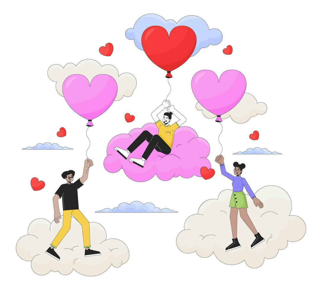 14 febrero san valentin día 2d lineal ilustración concepto. diverso personas dibujos animados caracteres aislado en blanco. corazón conformado globos, flotante en nubes metáfora resumen plano vector contorno gráfico