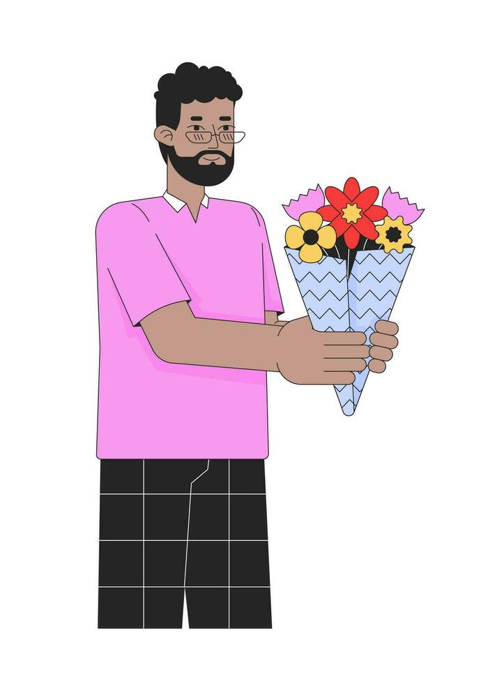 africano americano hombre participación ramo de flores de flores 2d lineal dibujos animados personaje. negro adulto masculino aislado línea vector persona blanco antecedentes. flor tienda cliente color plano Mancha ilustración