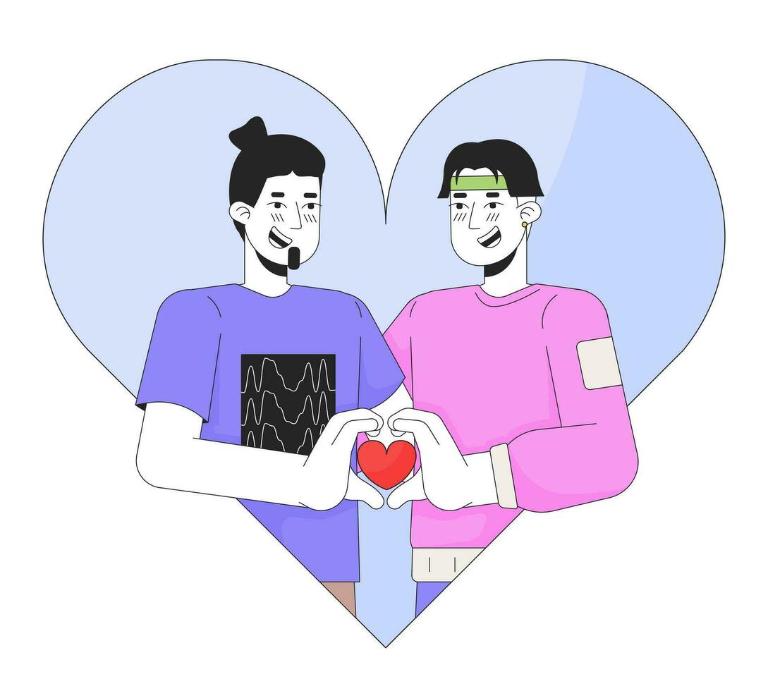 Gay men meeting soulmate 14 february 2D linear illustration concept. Valentine day homosexual couple cartoon characters isolated on white. Enamored lgbt metaphor abstract flat vector outline graphic