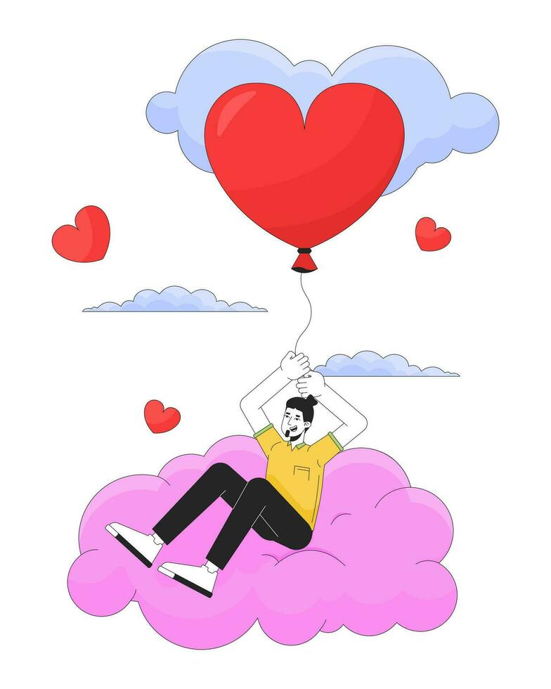 Caucasian man flying with balloon in clouds 2D linear cartoon character. Cloudy heart shaped baloon european male isolated line vector person white background. Dreamy color flat spot illustration