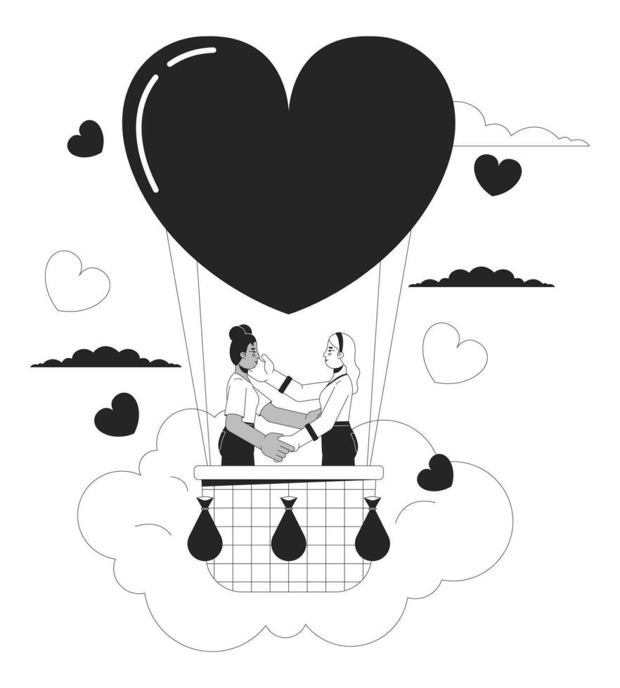 Proposing in hot air ballooning black and white 2D illustration concept. Lesbian couple interracial cartoon outline characters isolated on white. Honeymoon celebration metaphor monochrome vector art