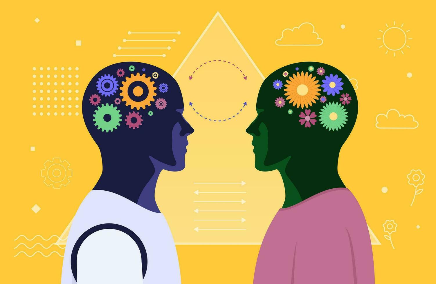 Artificial Intelligence VS Human. The human and AI heads are opposite each other. Vector illustration.